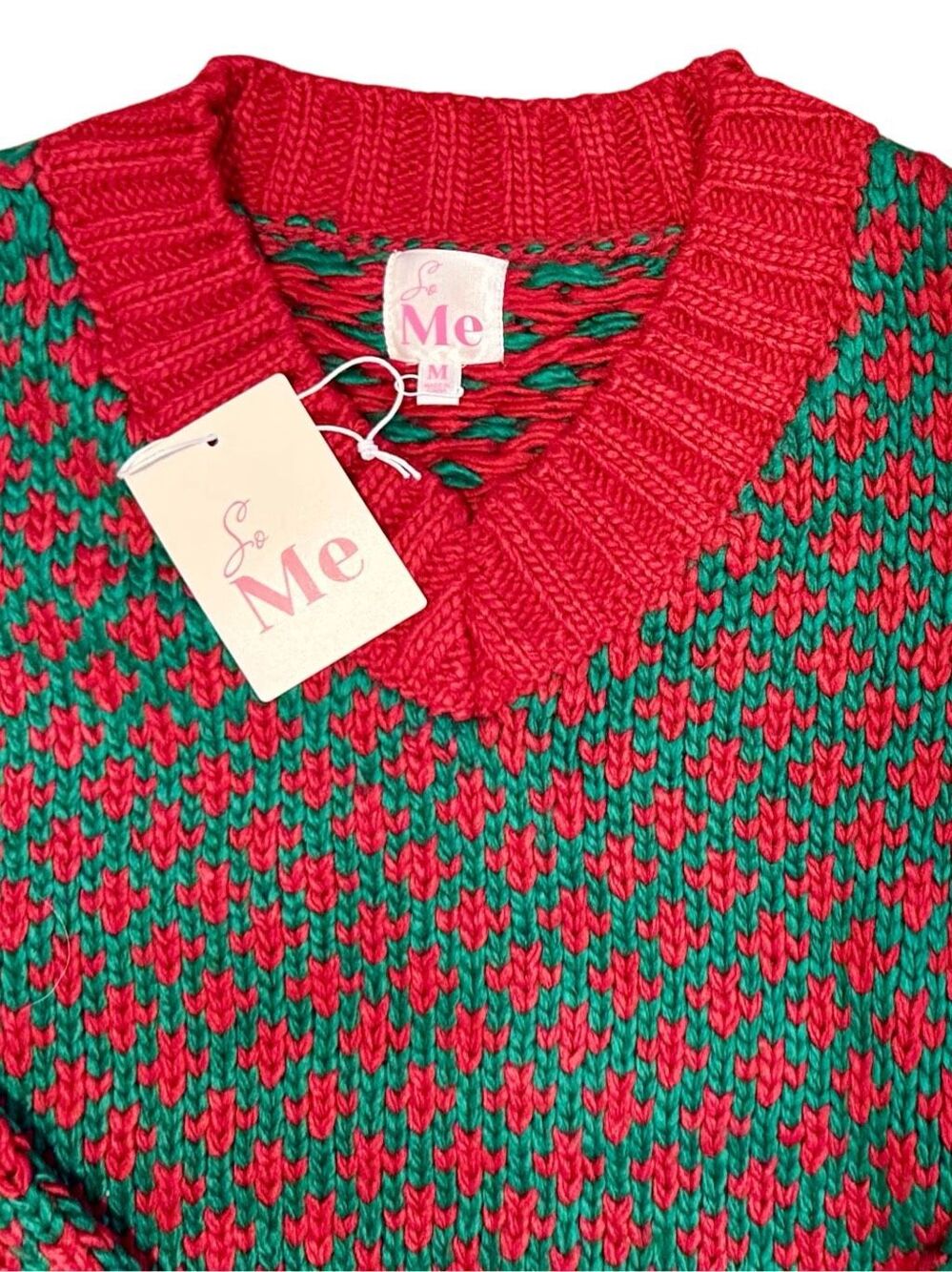 SO ME Christmas Sweater Red Green Oversized V Neck Chunky Knit Holiday NEW - Picture 9 of 11